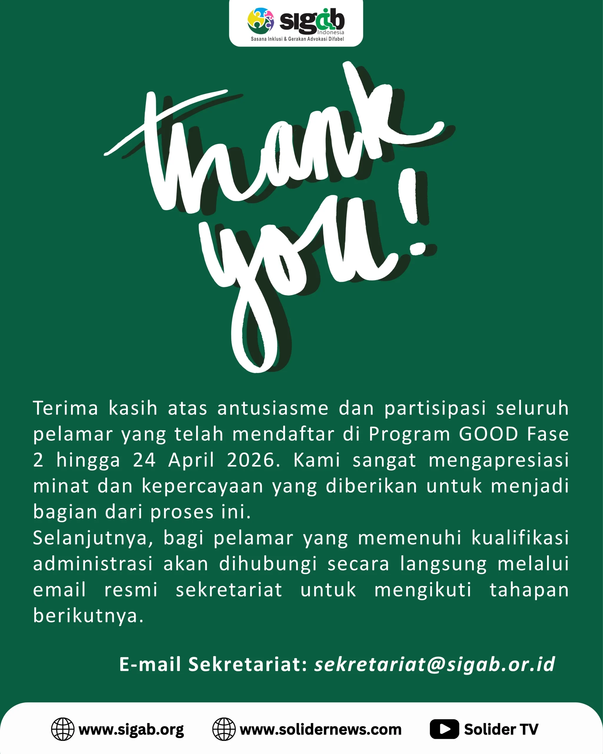 Pengumuman pendaftaran TIM GOOD Fase 2